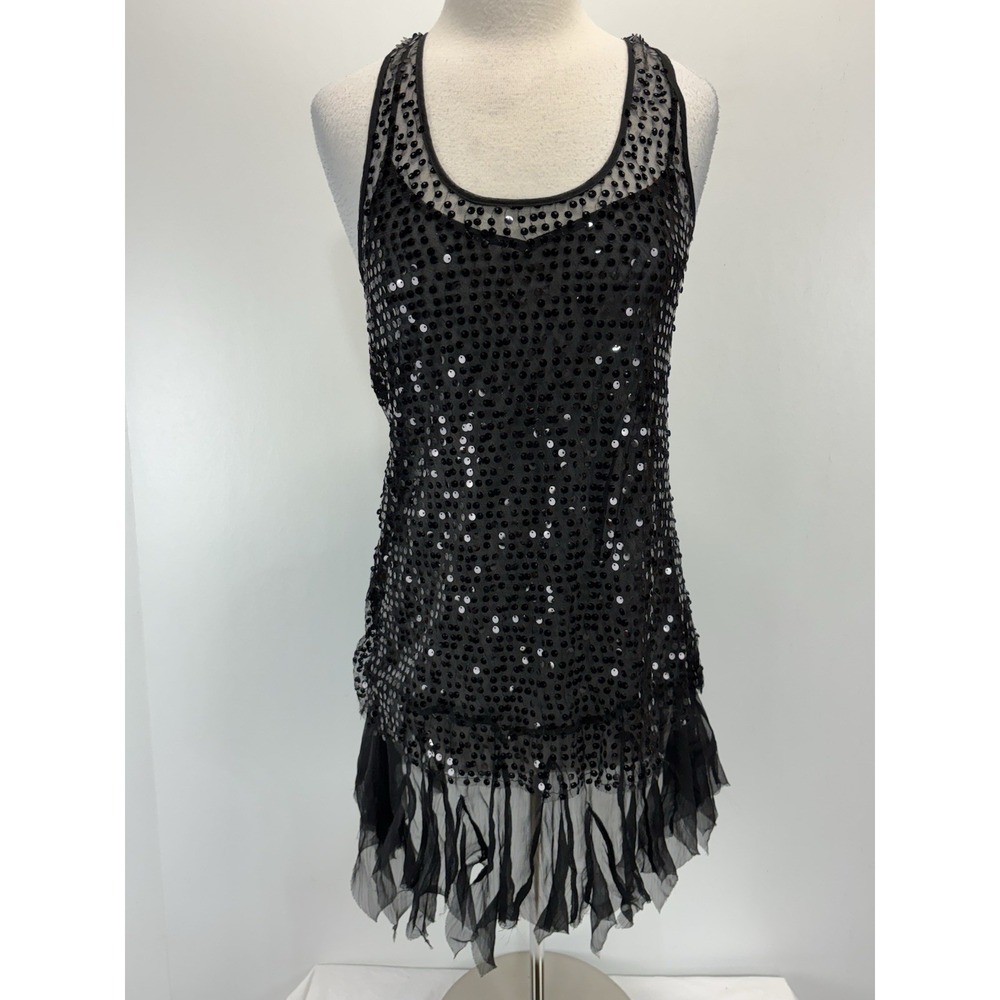Free People Black Mesh Sequin Mini Dress Sz Medium Whimsigoth Fairy Lined Sheer